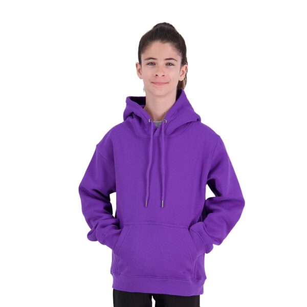 Kids Origin Hoodie in Model shot front. 80% cotton, 20% recycled polyester.