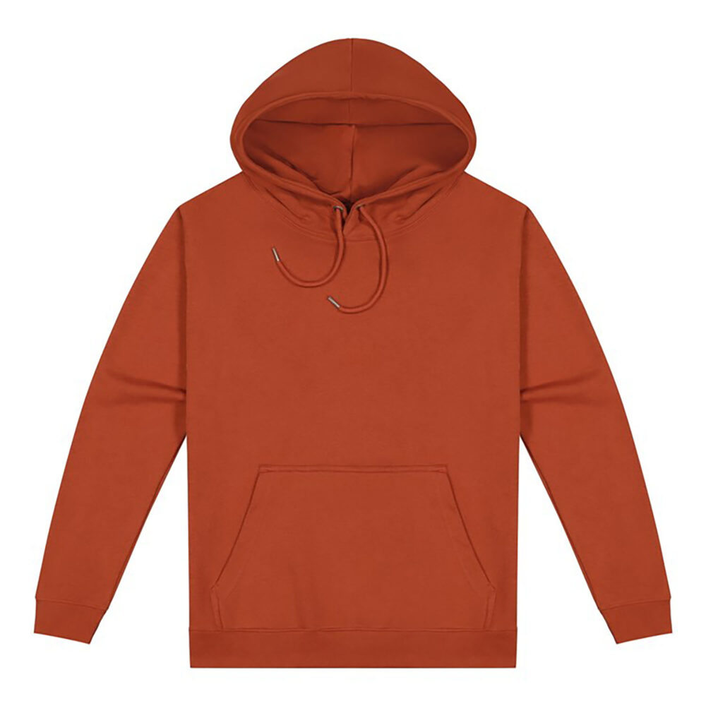 Mens Origin Hoodie in Rust. 80% cotton, 20% recycled polyester.